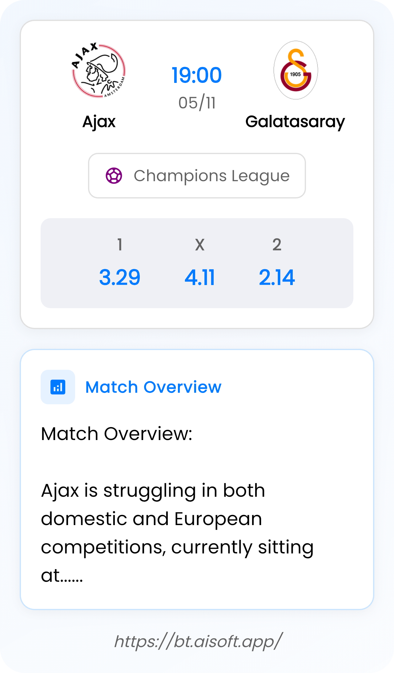 AI Match Prediction: Ajax vs Galatasaray • Champions League • 19:00 / 05 November
