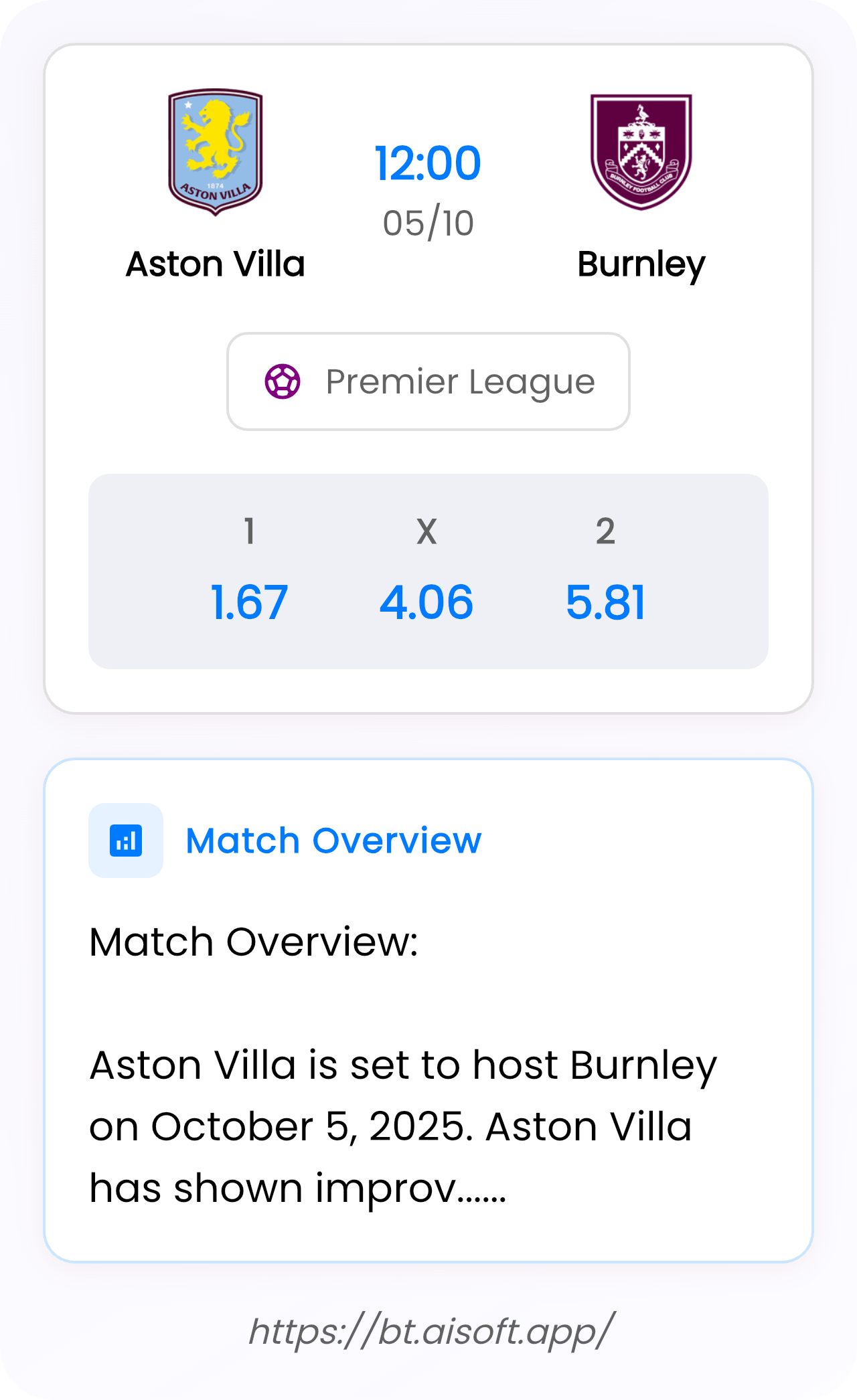AI Match Prediction: Aston Villa vs Burnley • Premier League • 12:00 / 05 October