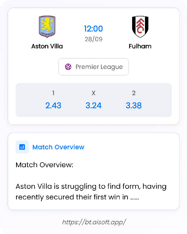 AI Match Prediction: Aston Villa vs Fulham • Premier League • 12:00 / 28 September