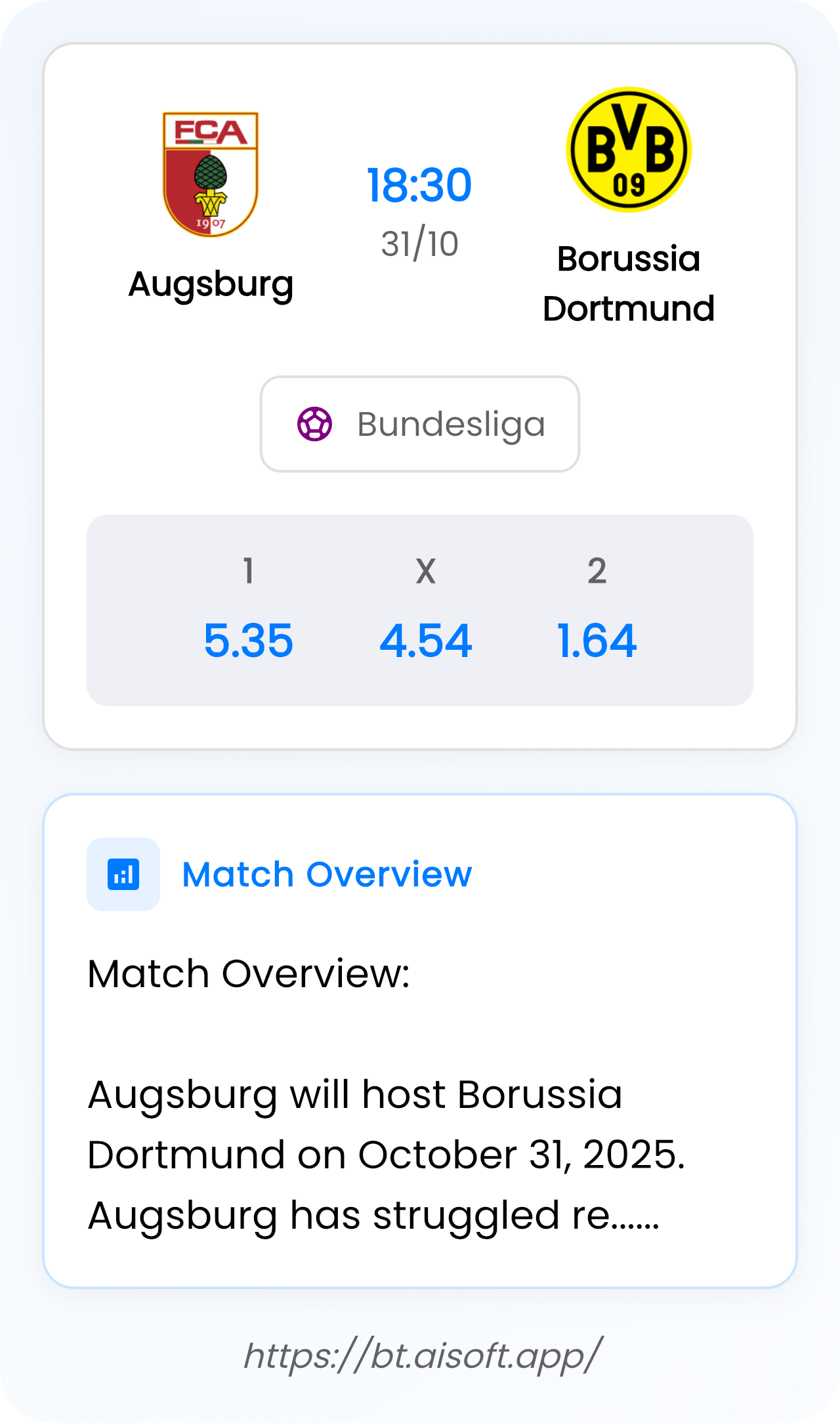 AI Match Prediction: Augsburg vs Borussia Dortmund • Bundesliga • 18:30 / 31 October