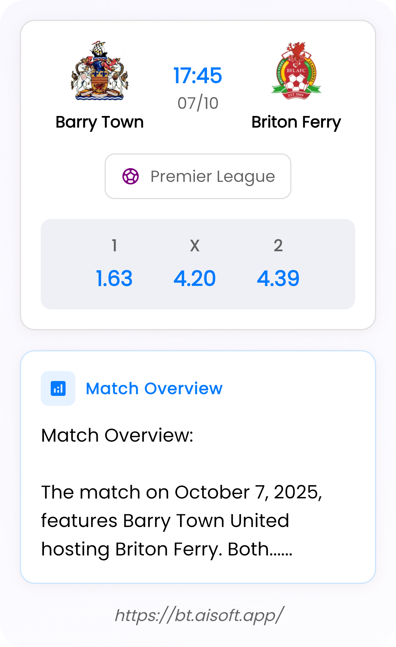 AI Match Prediction: Barry Town vs Briton Ferry • Premier League • 17:45 / 07 October