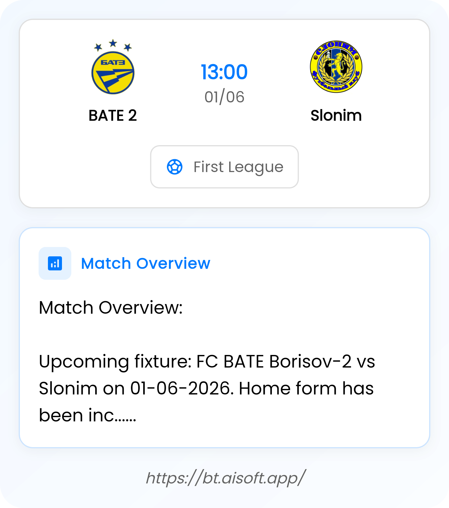 AI Match Prediction: BATE 2 vs Slonim • First League • 13:00 / 01 June