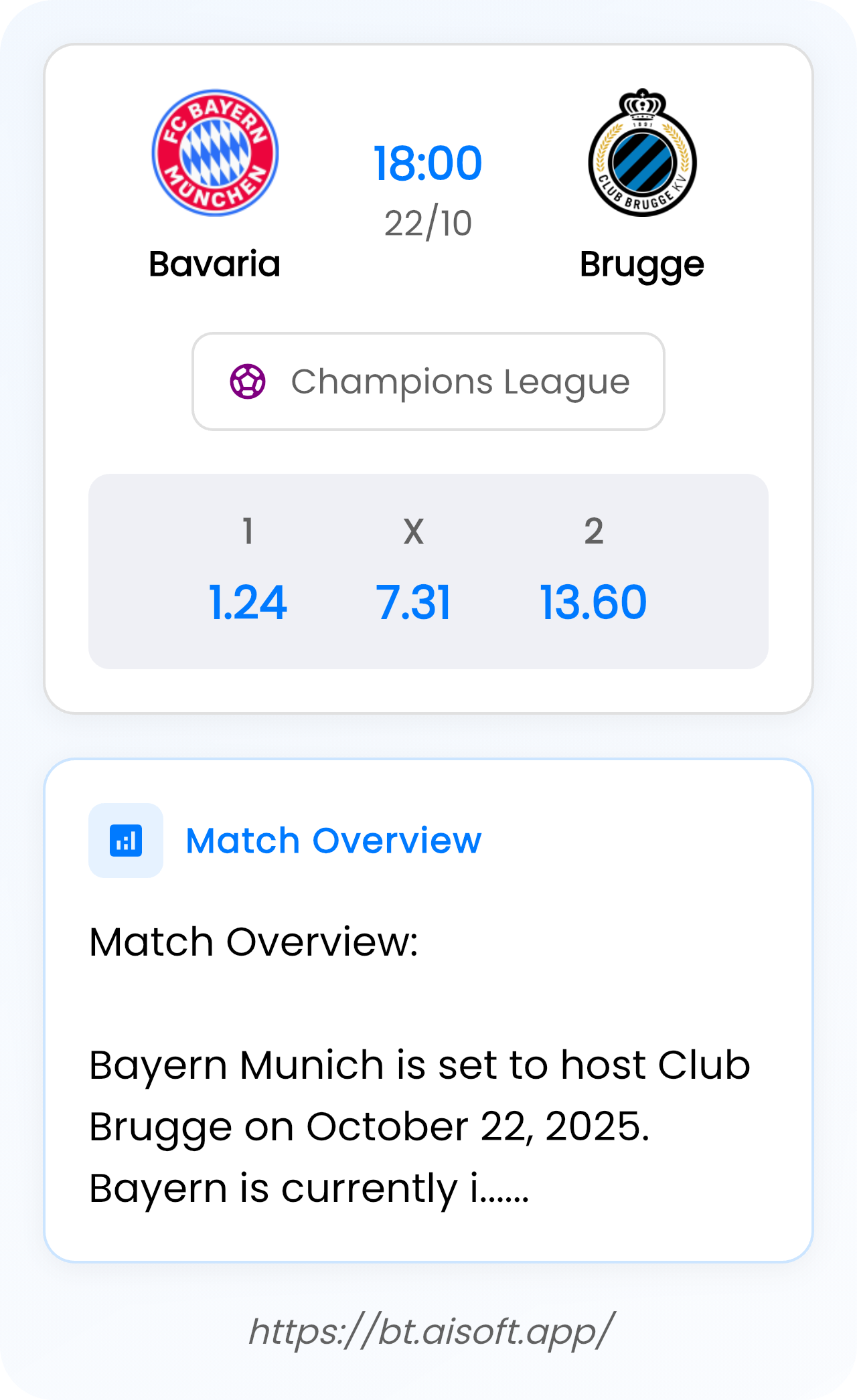 AI Match Prediction: Bavaria vs Brugge • Champions League • 18:00 / 22 October