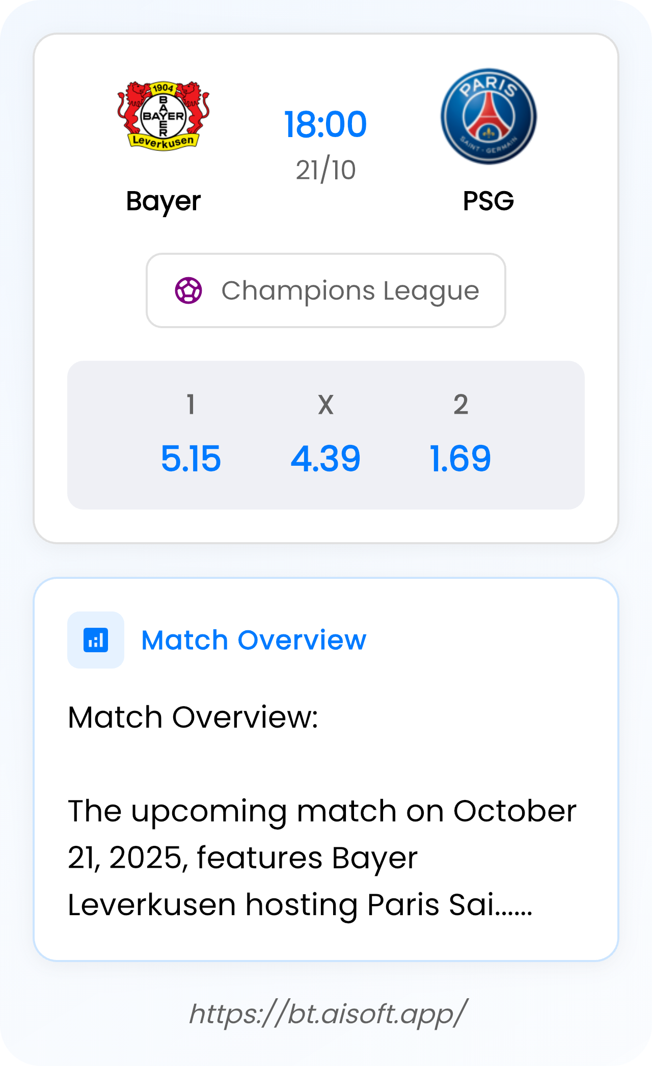 AI Match Prediction: Bayer vs PSG • Champions League • 18:00 / 21 October
