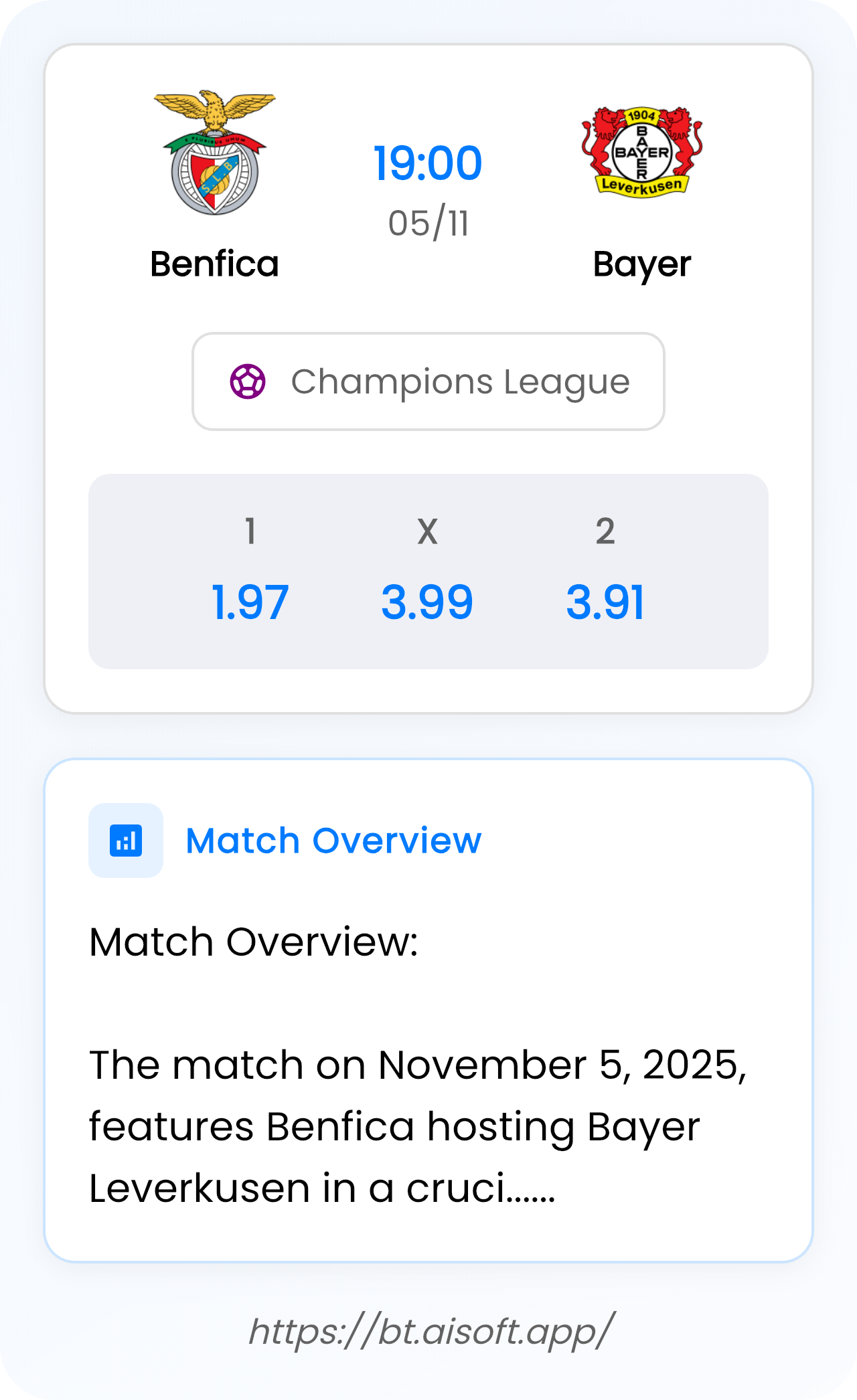 AI Match Prediction: Benfica vs Bayer • Champions League • 19:00 / 05 November