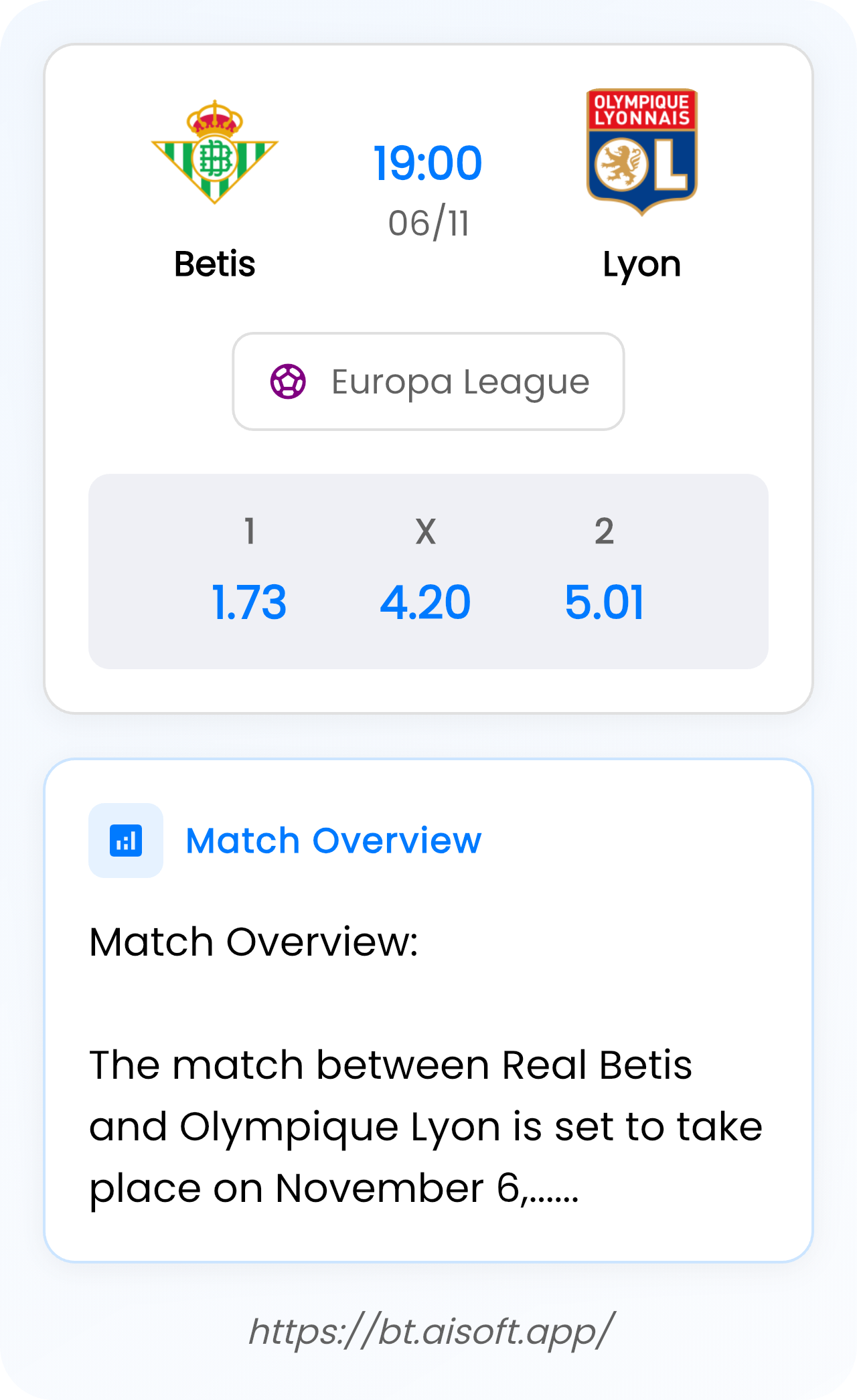 AI Match Prediction: Betis vs Lyon • Europa League • 19:00 / 06 November