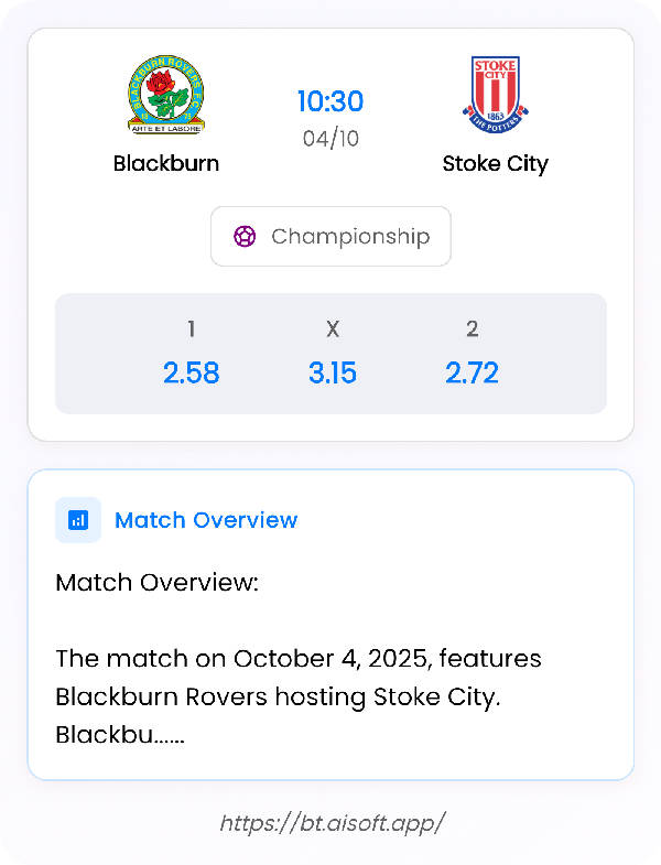AI Match Prediction: Blackburn vs Stoke City • Championship • 10:30 / 04 October
