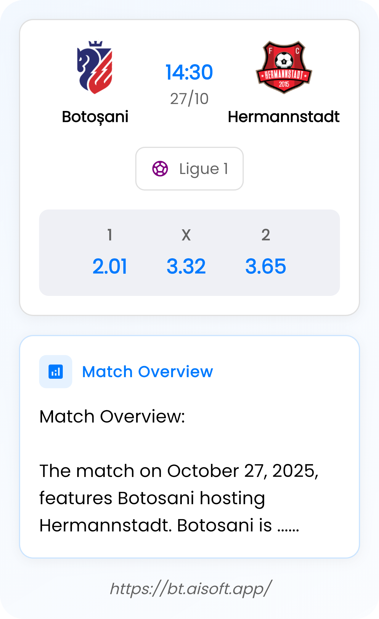 AI Match Prediction: Botoșani vs Hermannstadt • Ligue 1 • 14:30 / 27 October