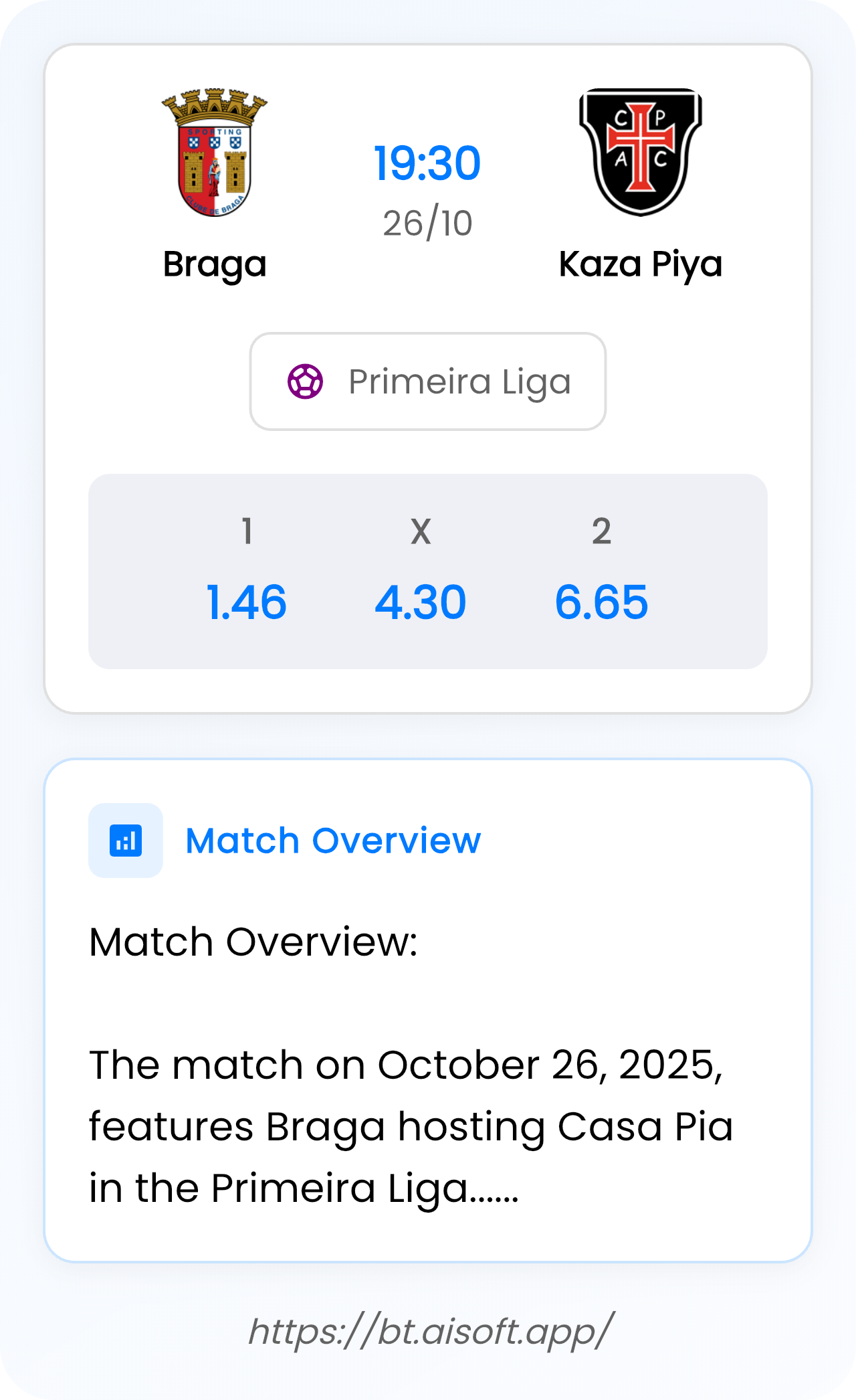 AI Match Prediction: Braga vs Kaza Piya • Primeira Liga • 19:30 / 26 October