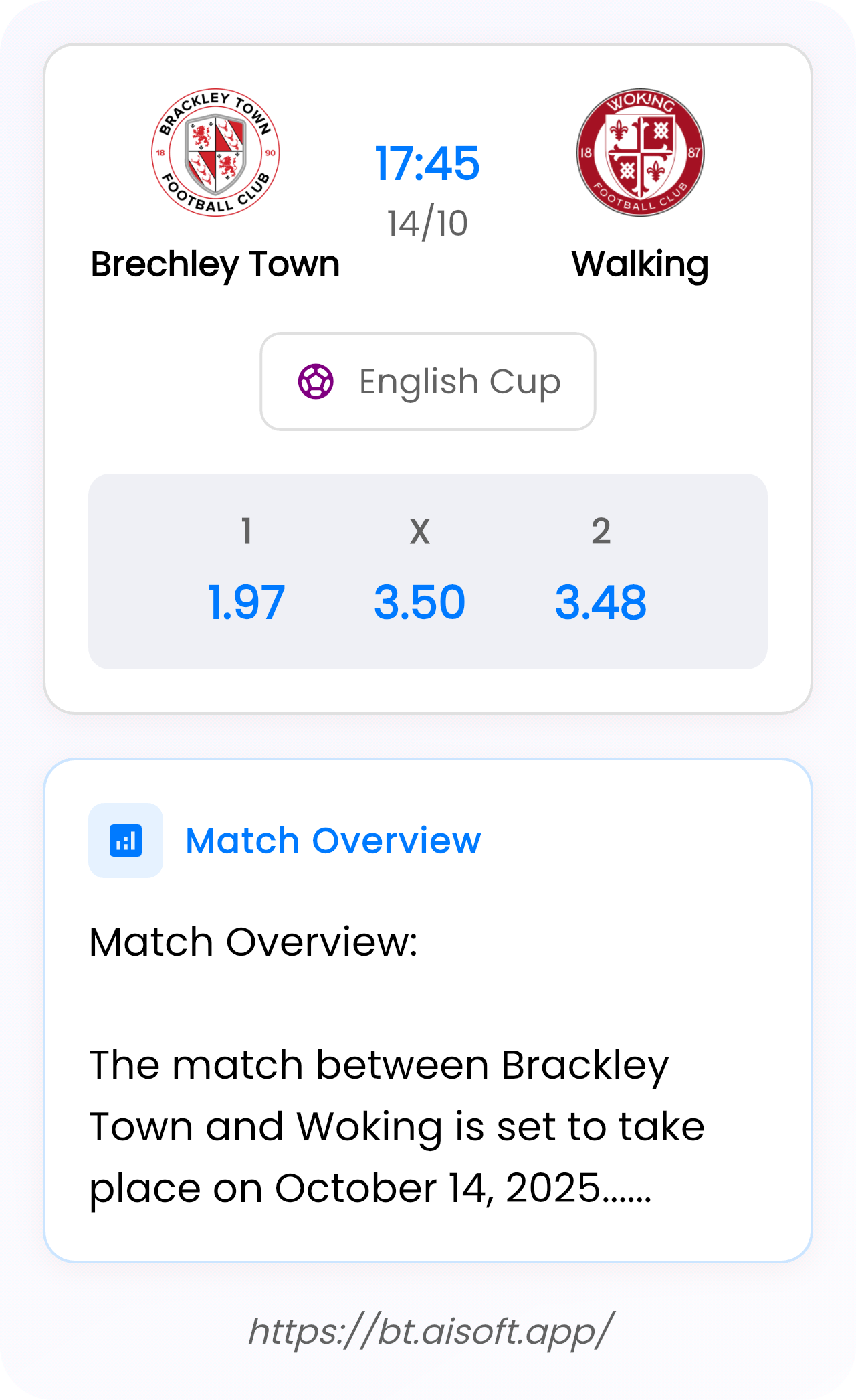 AI Match Prediction: Brechley Town vs Walking • English Cup • 17:45 / 14 October