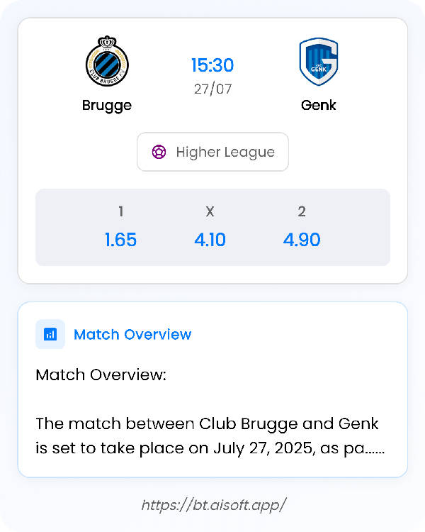 AI Match Prediction: Brugge vs Genk • Higher League • 15:30 / 27 July