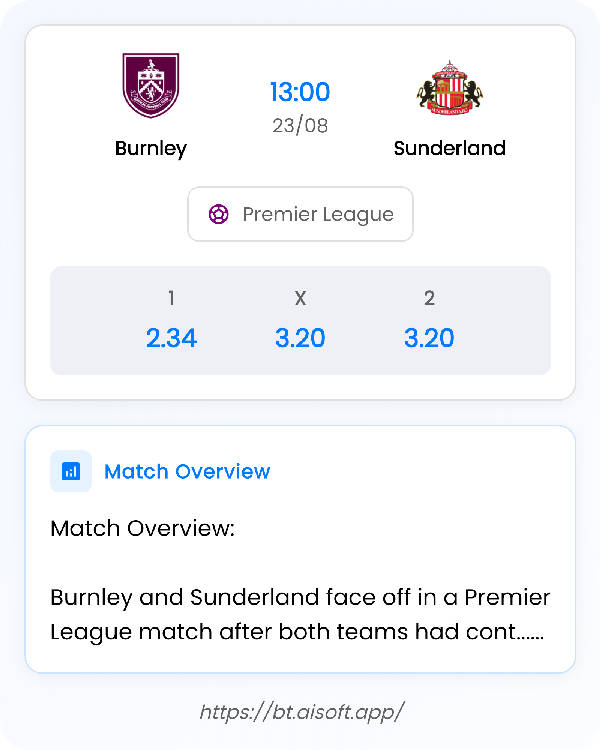 AI Match Prediction: Burnley vs Sunderland • Premier League • 13:00 / 23 August