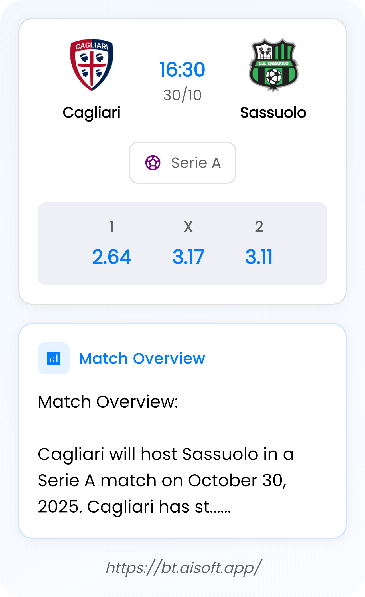 AI Match Prediction: Cagliari vs Sassuolo • Serie A • 16:30 / 30 October