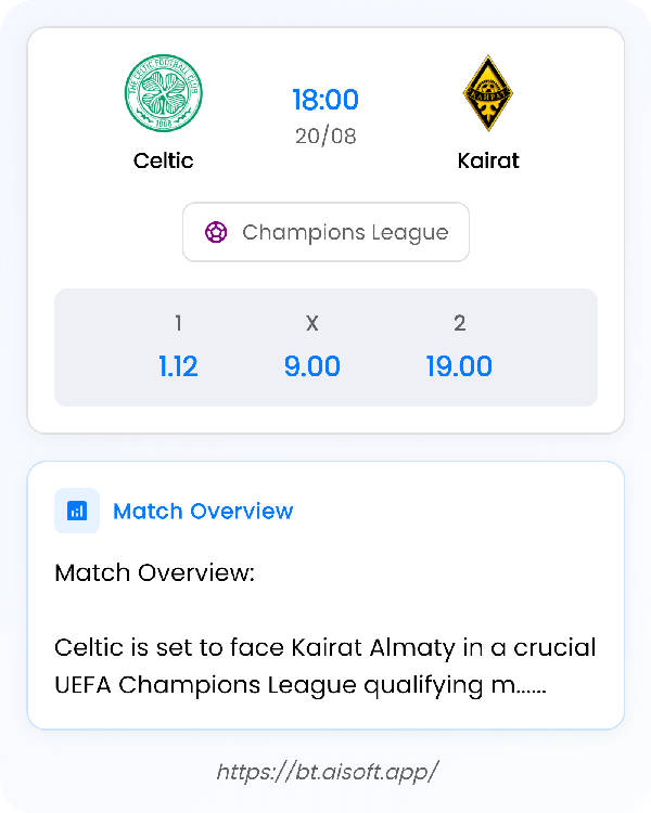 AI Match Prediction: Celtic vs Kairat • Champions League • 18:00 / 20 August