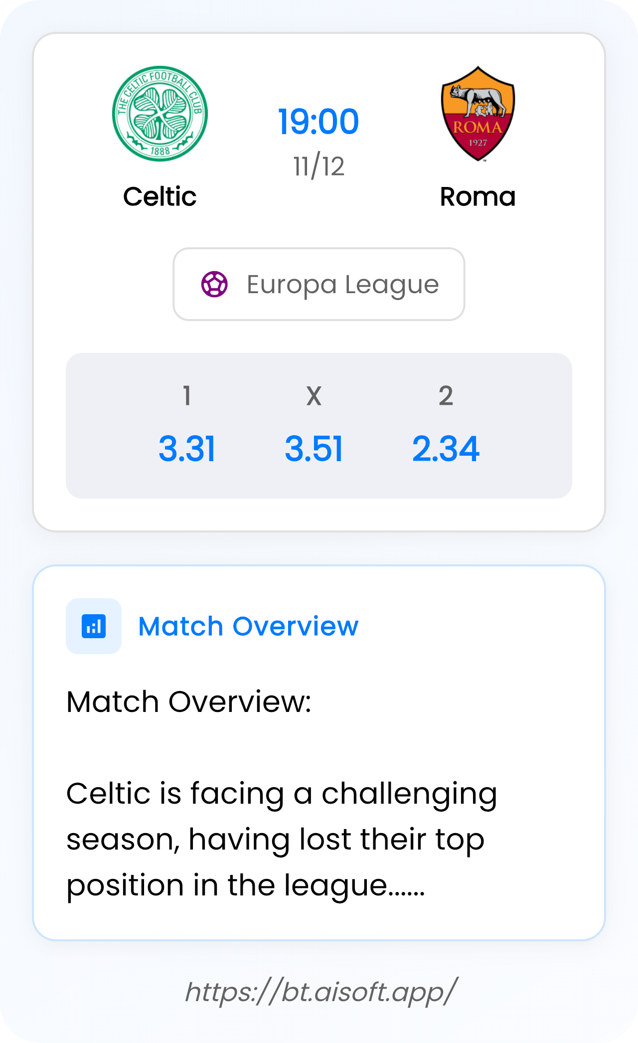 AI Match Prediction: Celtic vs Roma • Europa League • 19:00 / 11 December