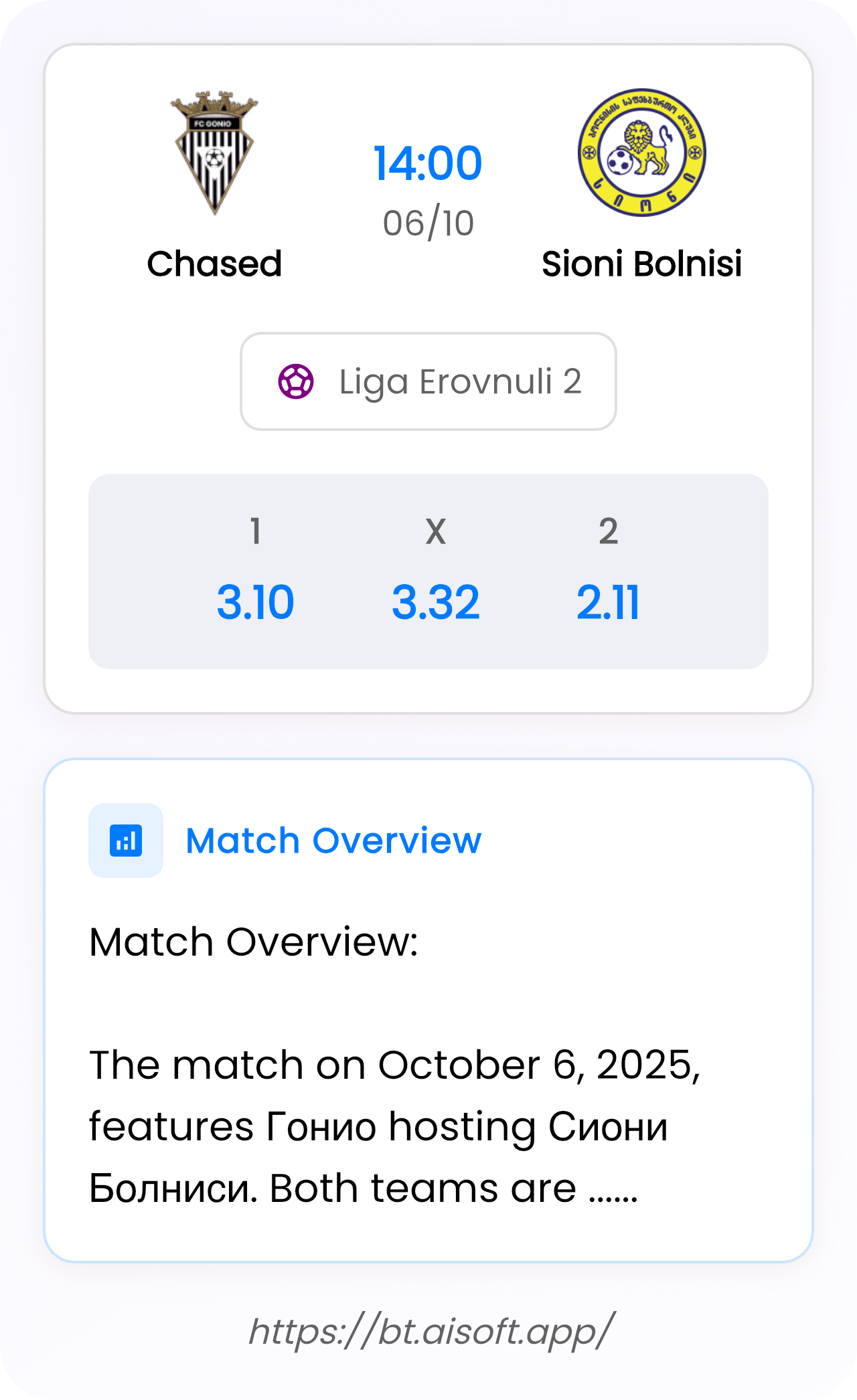 AI Match Prediction: Chased vs Sioni Bolnisi • Liga Erovnuli 2 • 14:00 / 06 October