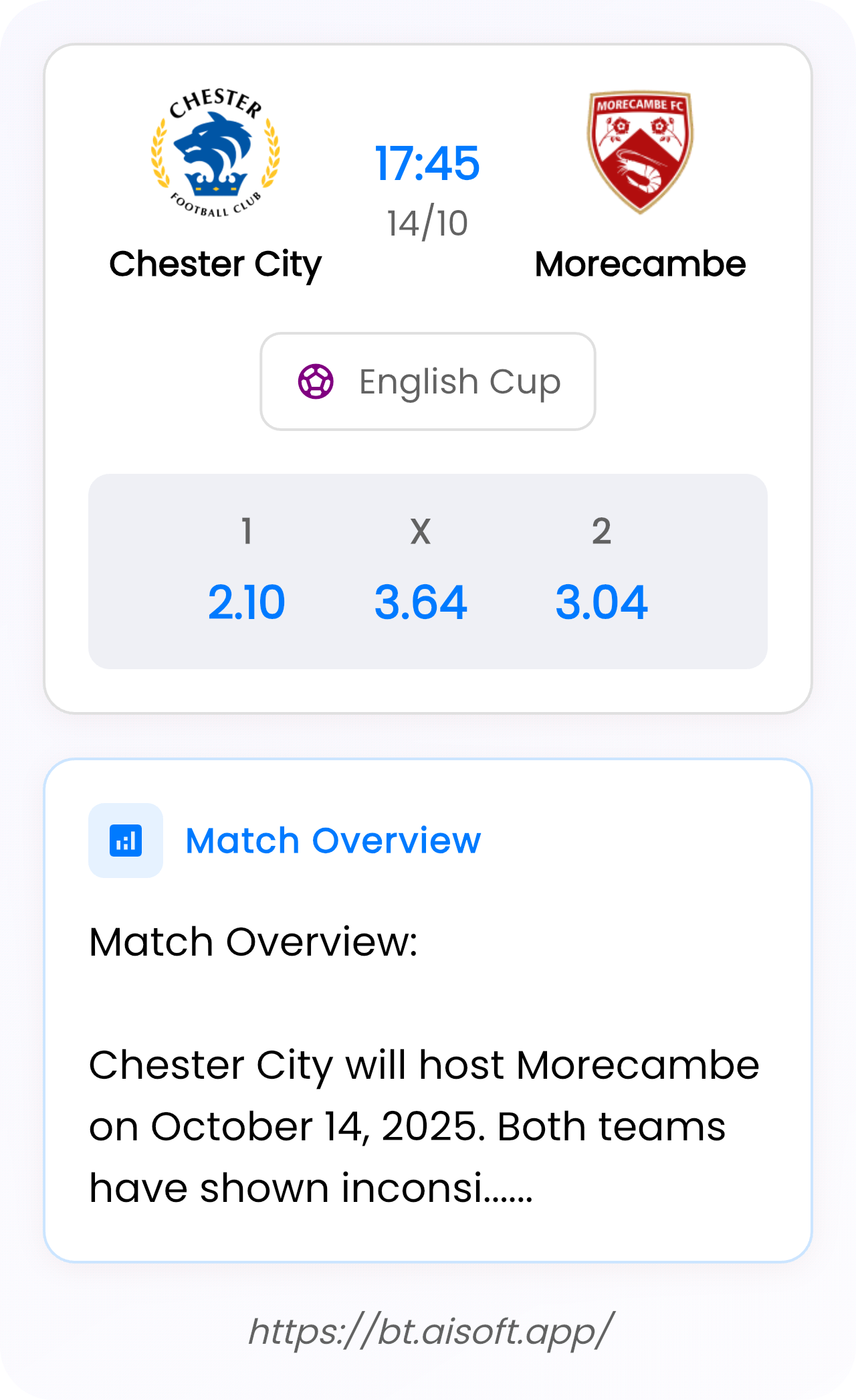 AI Match Prediction: Chester City vs Morecambe • English Cup • 17:45 / 14 October