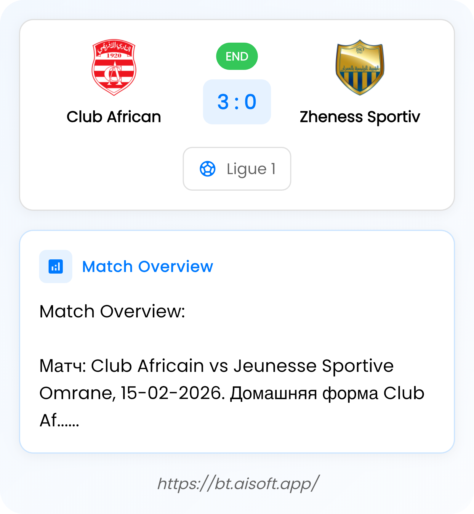 AI Match Prediction: Club African vs Zheness Sportiv • Ligue 1 • 12:00 / 15 February