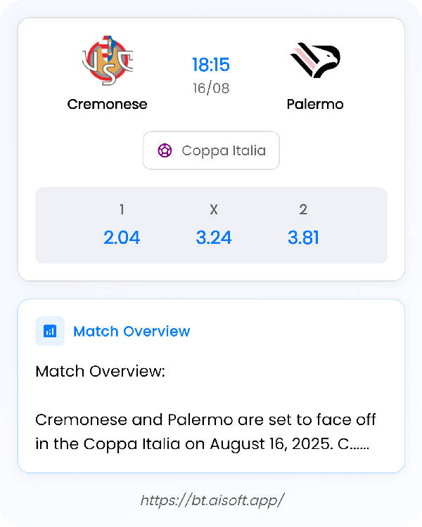 AI Match Prediction: Cremonese vs Palermo • Coppa Italia • 18:15 / 16 August
