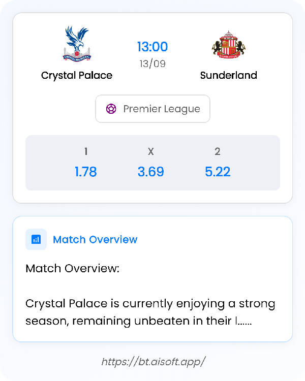AI Match Prediction: Crystal Palace vs Sunderland • Premier League • 13:00 / 13 September