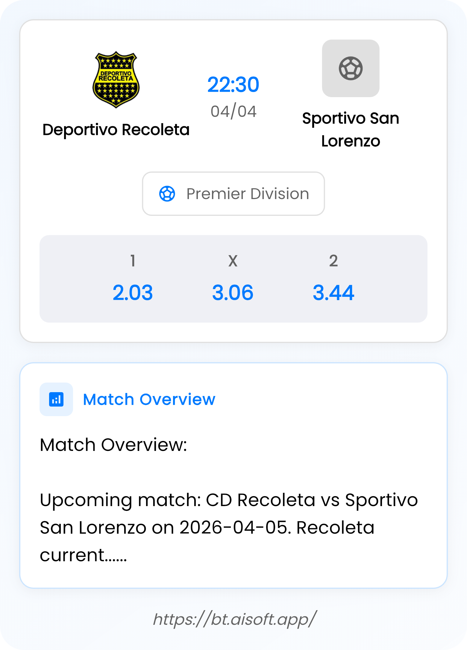 AI Match Prediction: Deportivo Recoleta vs Sportivo San Lorenzo • Premier Division • 22:30 / 04 April