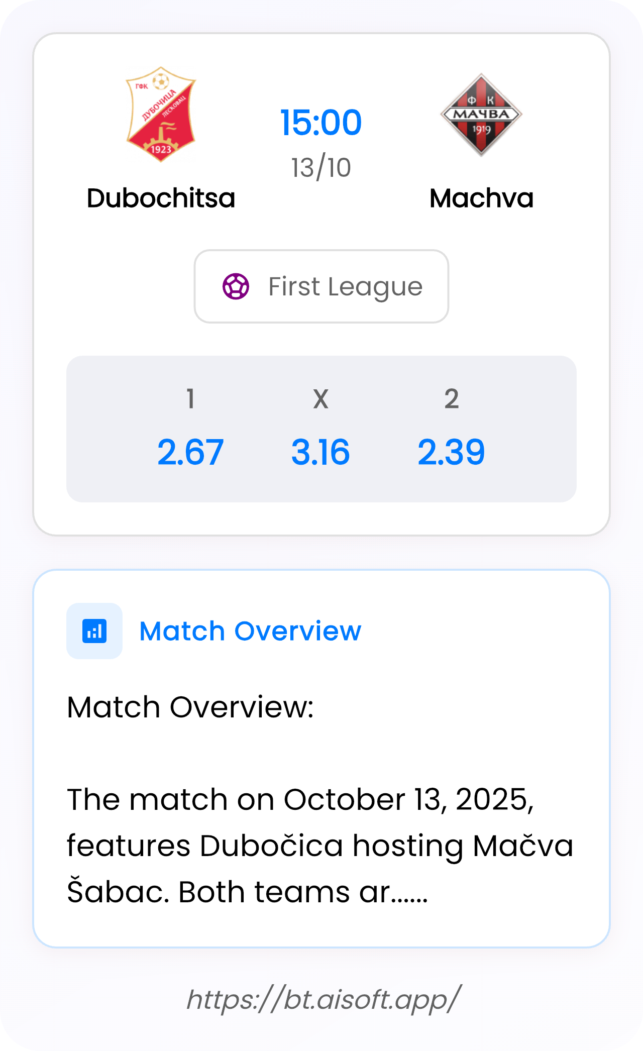 AI Match Prediction: Dubochitsa vs Machva • First League • 15:00 / 13 October