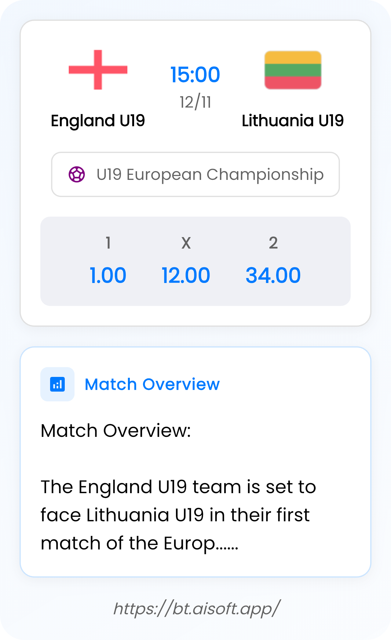 AI Match Prediction: England U19 vs Lithuania U19 • U19 European Championship • 15:00 / 12 November