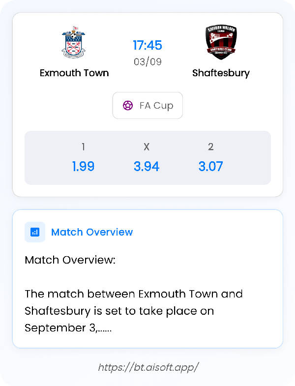 AI Match Prediction: Exmouth Town vs Shaftesbury • FA Cup • 17:45 / 03 September