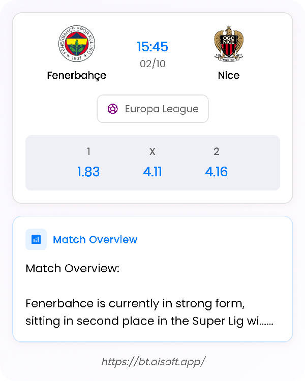 AI Match Prediction: Fenerbahçe vs Nice • Europa League • 15:45 / 02 October
