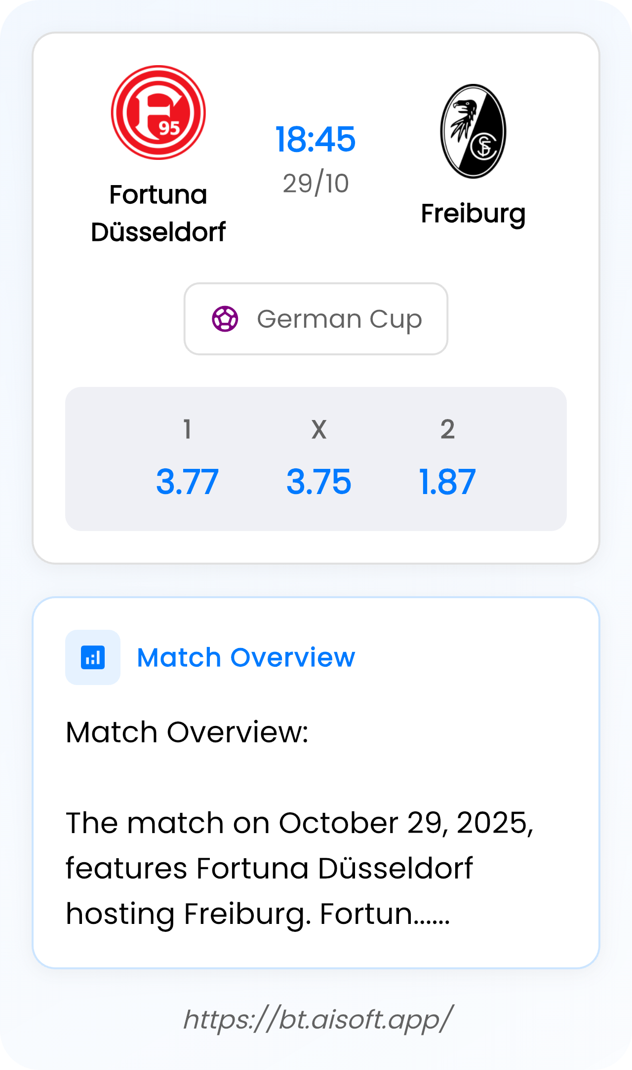 AI Match Prediction: Fortuna Düsseldorf vs Freiburg • German Cup • 18:45 / 29 October
