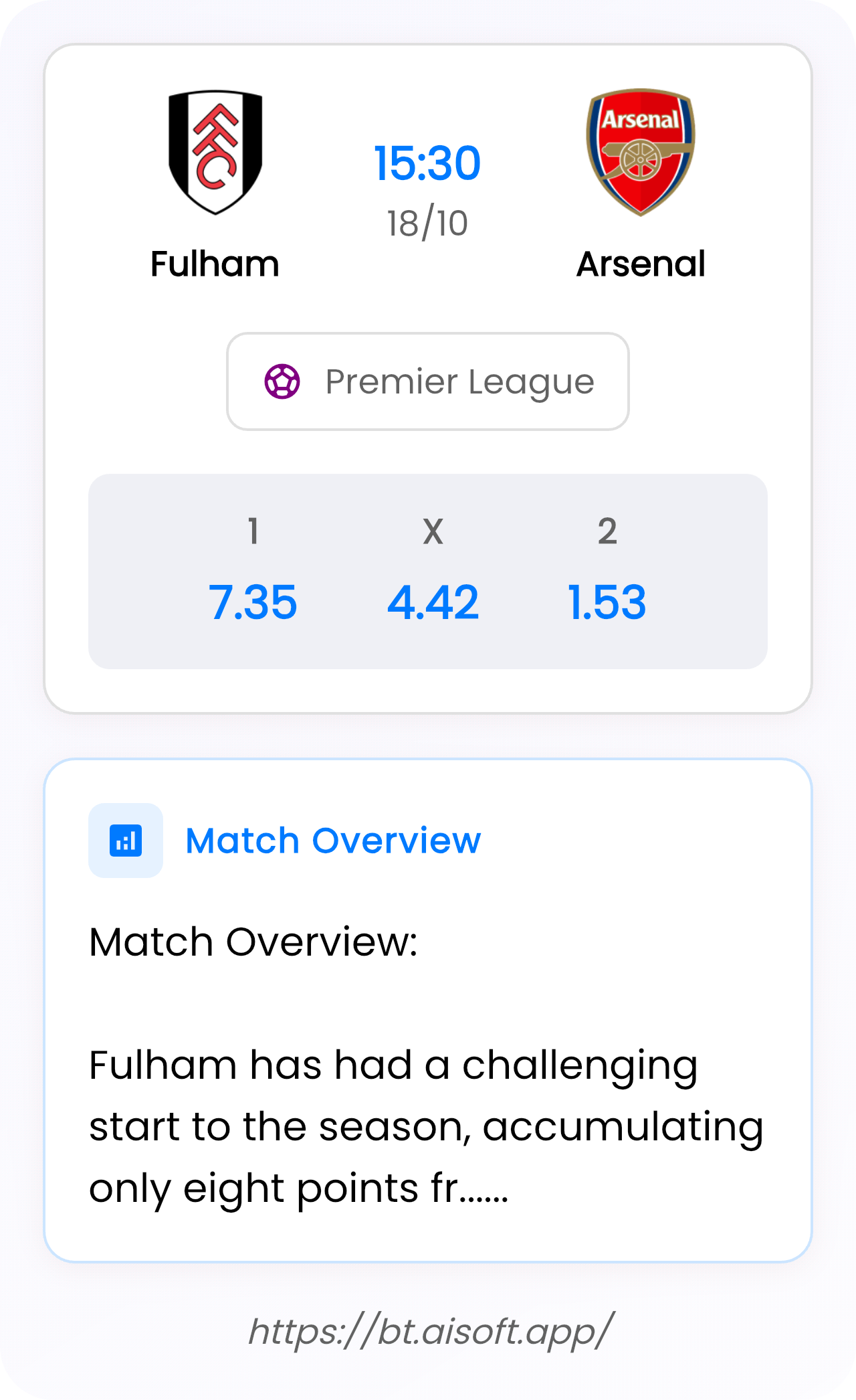 AI Match Prediction: Fulham vs Arsenal • Premier League • 15:30 / 18 October