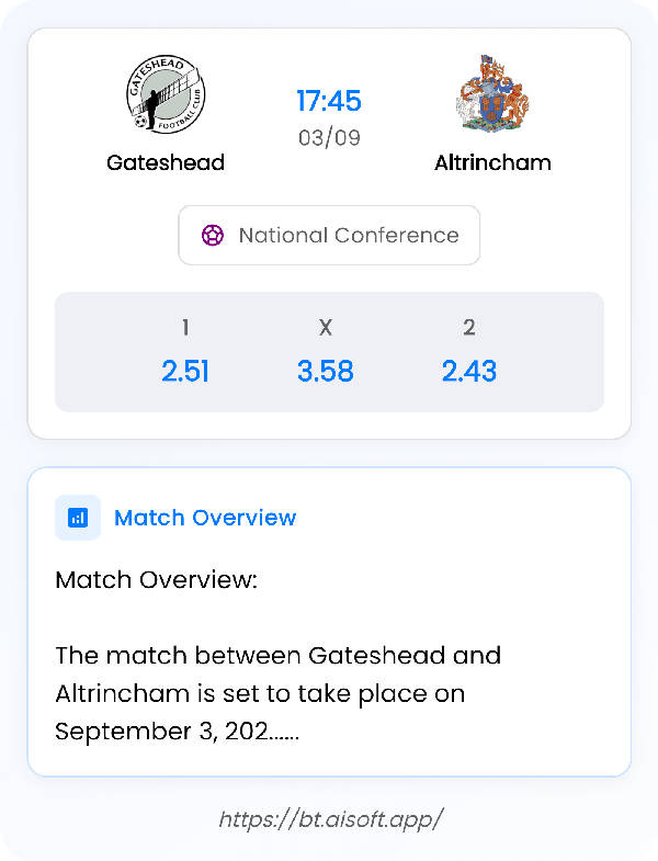 AI Match Prediction: Gateshead vs Altrincham • National Conference • 17:45 / 03 September
