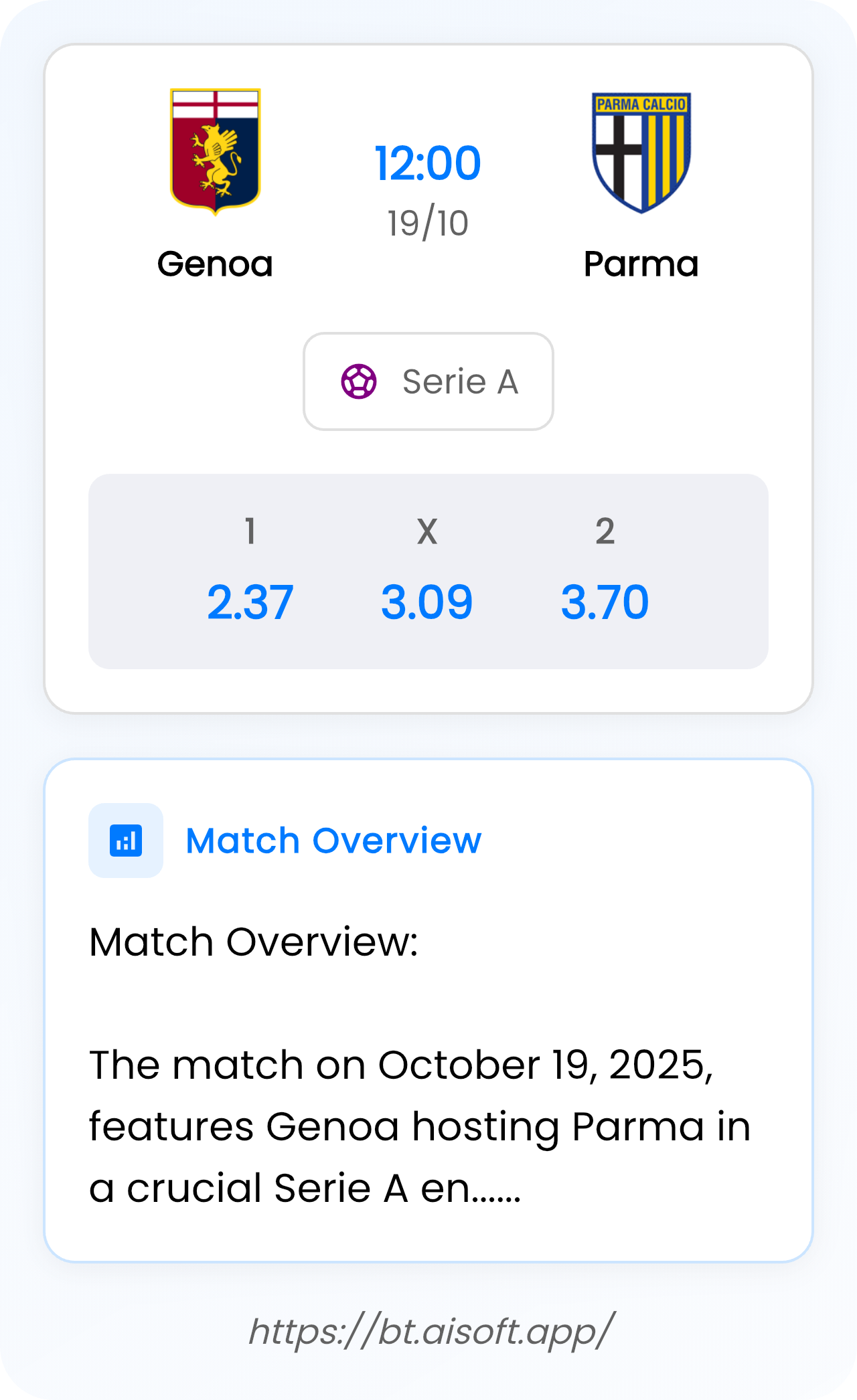 AI Match Prediction: Genoa vs Parma • Serie A • 12:00 / 19 October