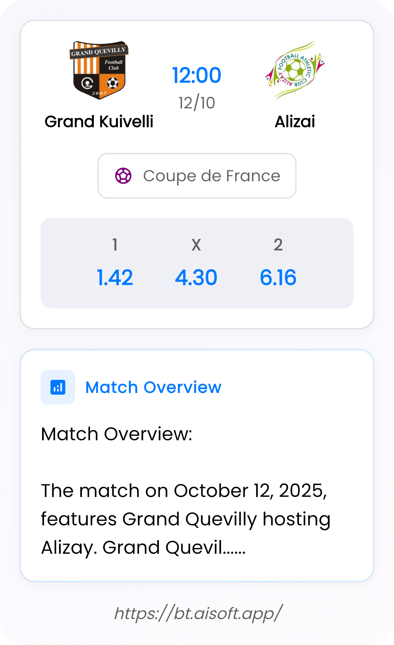 AI Match Prediction: Grand Kuivelli vs Alizai • Coupe de France • 12:00 / 12 October