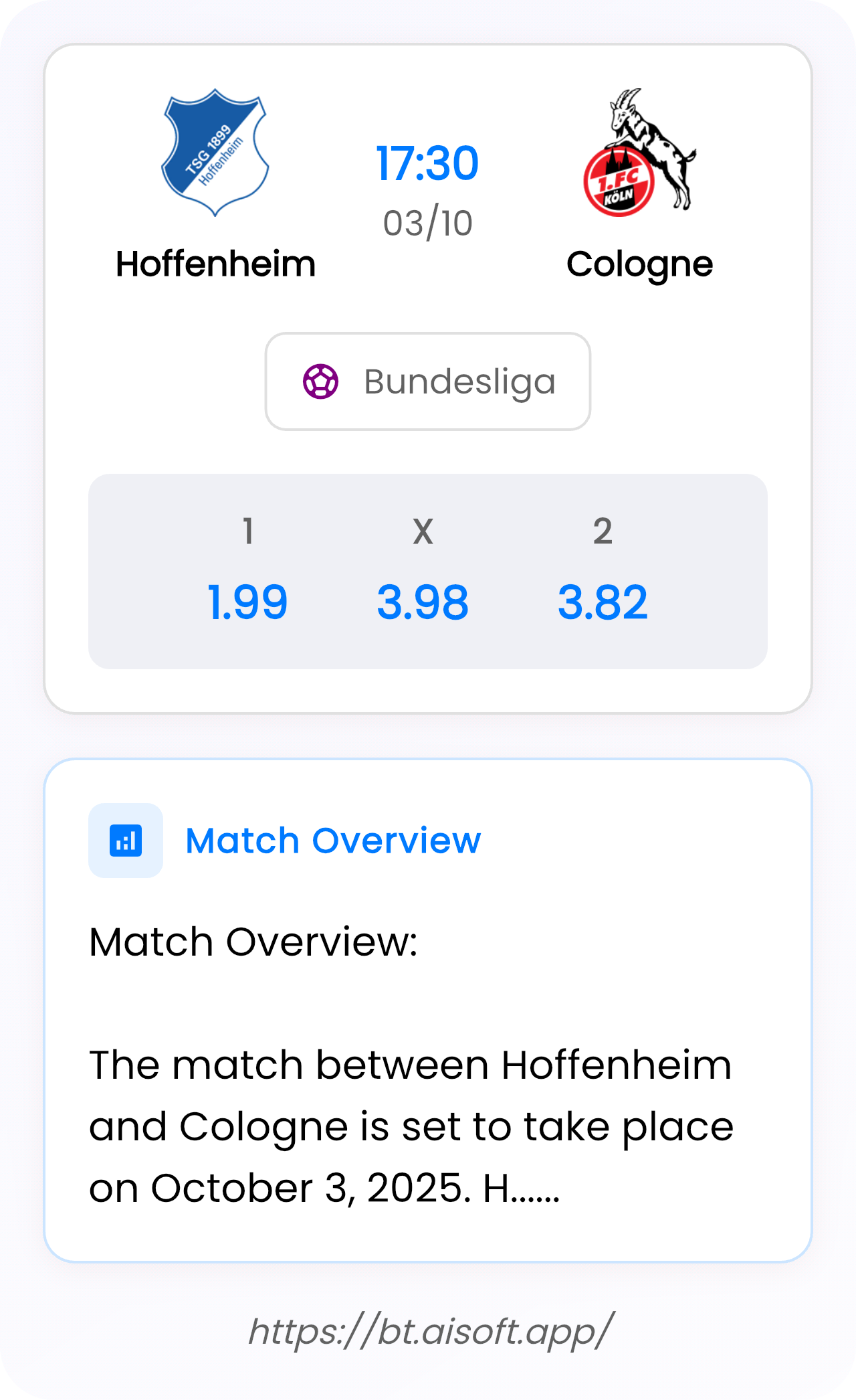 AI Match Prediction: Hoffenheim vs Cologne • Bundesliga • 17:30 / 03 October