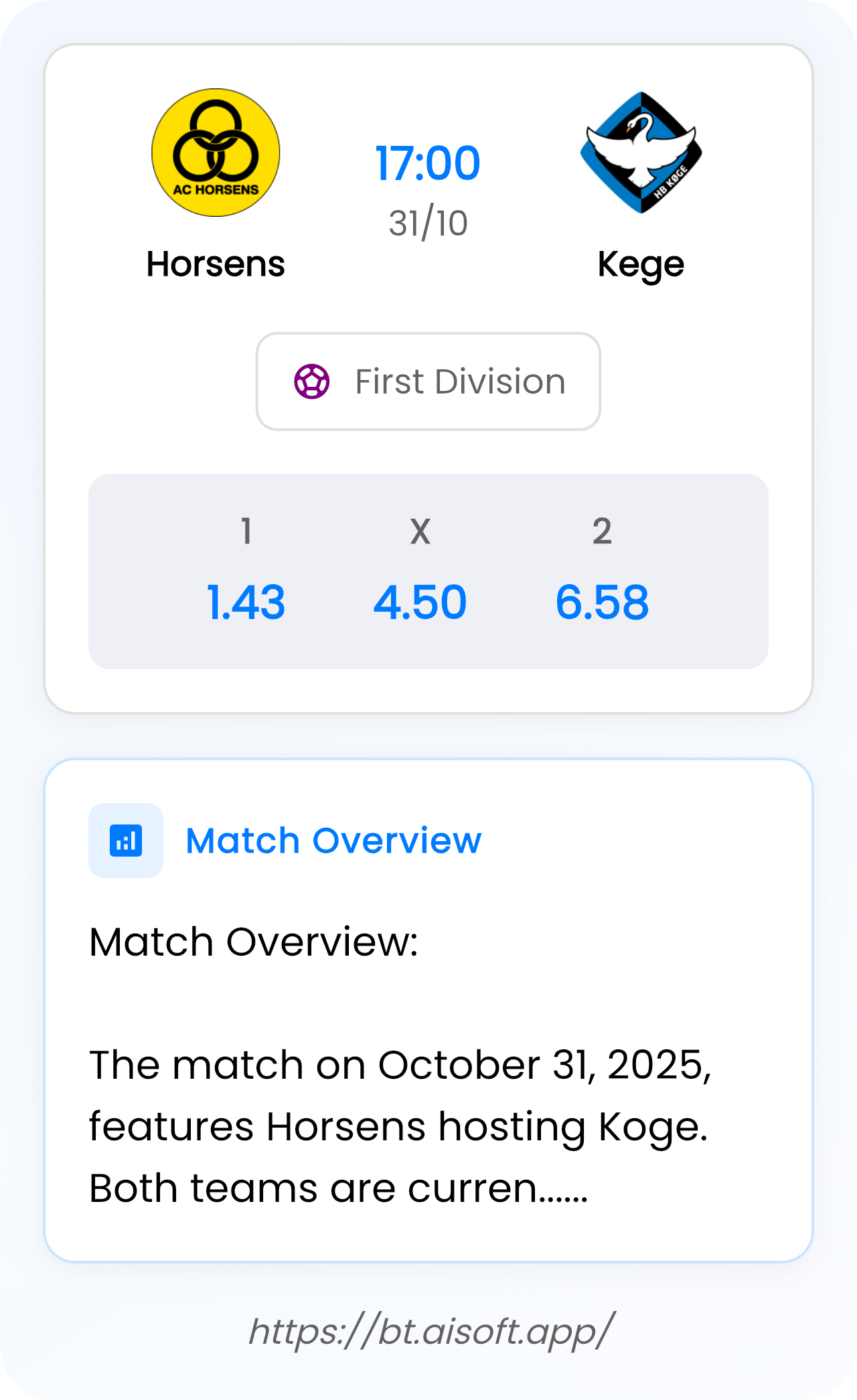 AI Match Prediction: Horsens vs Kege • First Division • 17:00 / 31 October