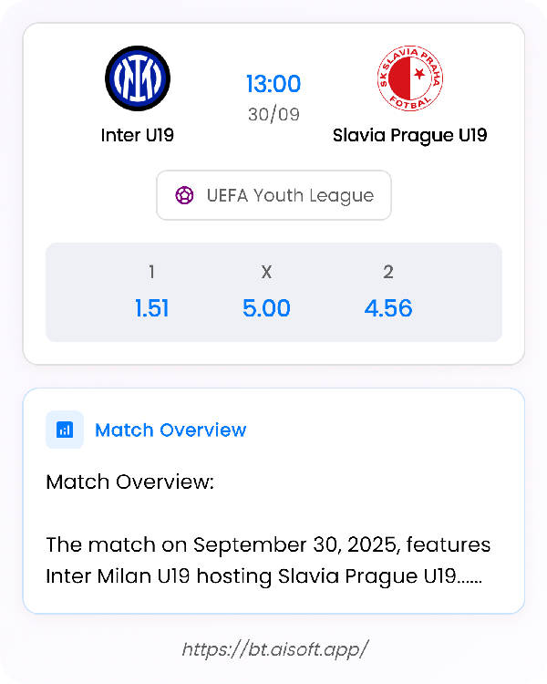 AI Match Prediction: Inter U19 vs Slavia Prague U19 • UEFA Youth League • 13:00 / 30 September