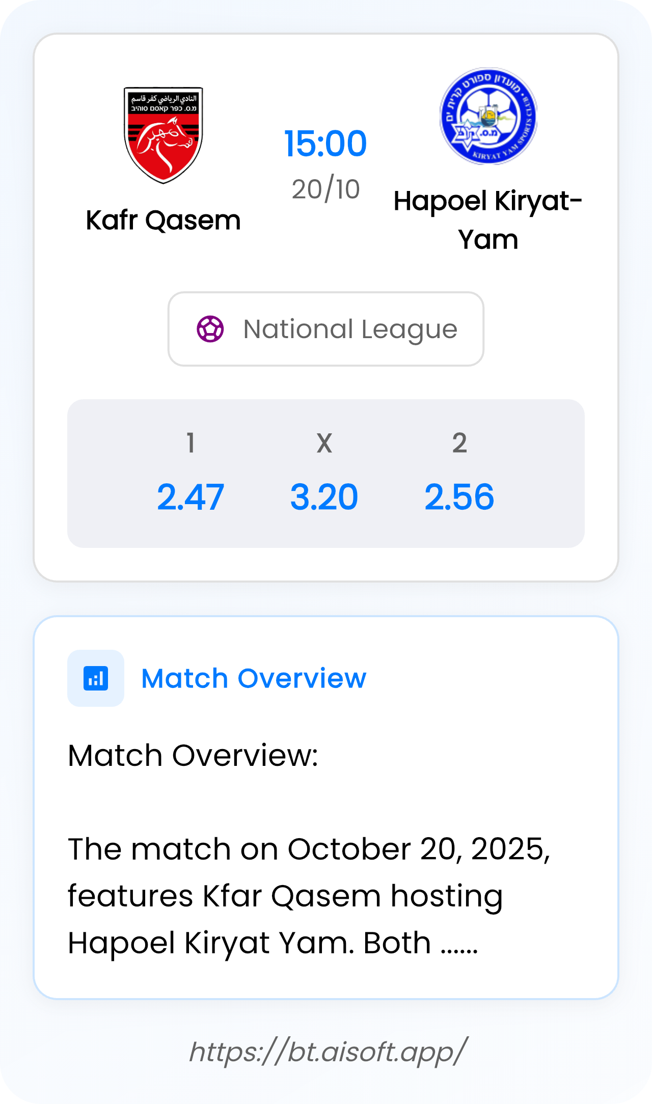 AI Match Prediction: Kafr Qasem vs Hapoel Kiryat-Yam • National League • 15:00 / 20 October