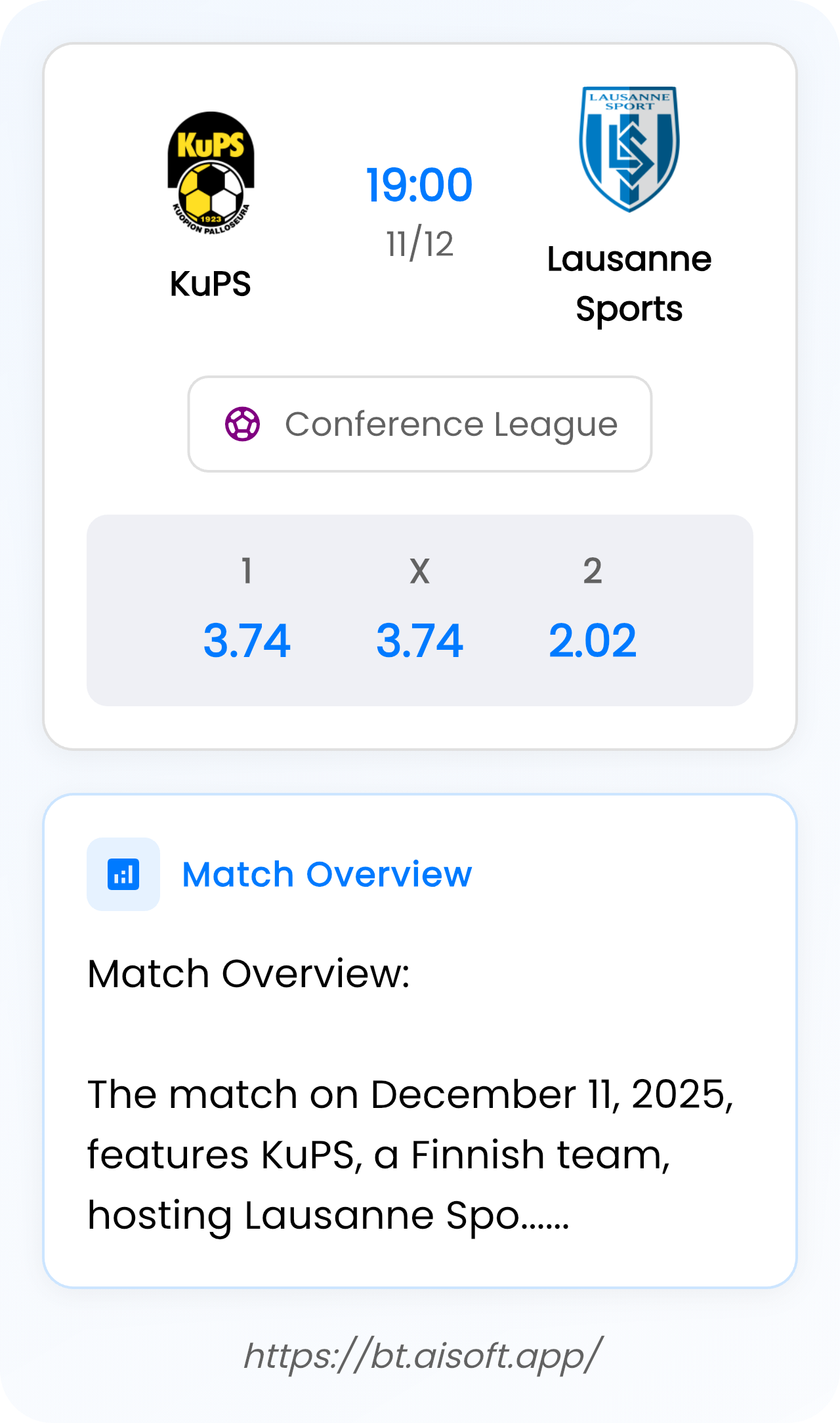 AI Match Prediction: KuPS vs Lausanne Sports • Conference League • 19:00 / 11 December