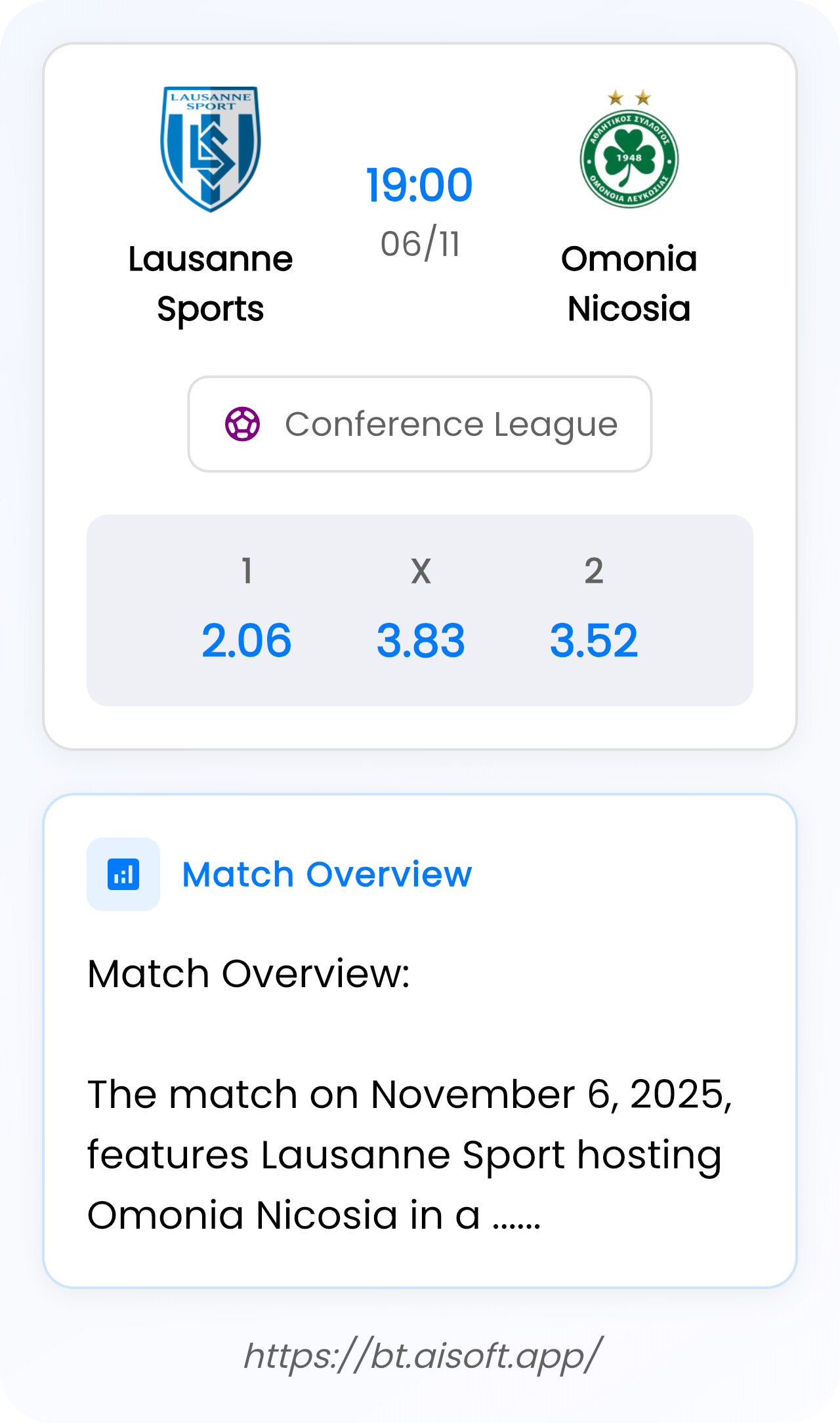 AI Match Prediction: Lausanne Sports vs Omonia Nicosia • Conference League • 19:00 / 06 November