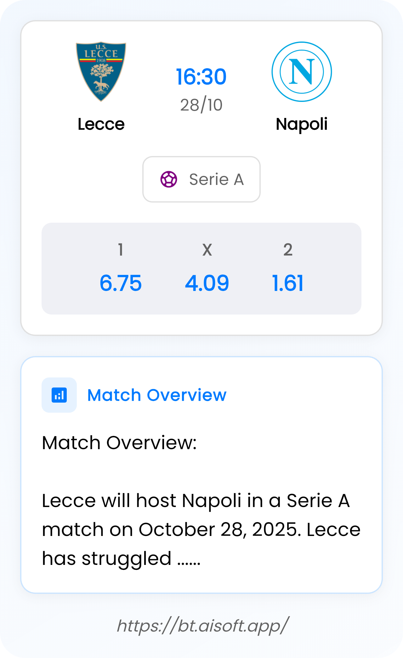 AI Match Prediction: Lecce vs Napoli • Serie A • 16:30 / 28 October