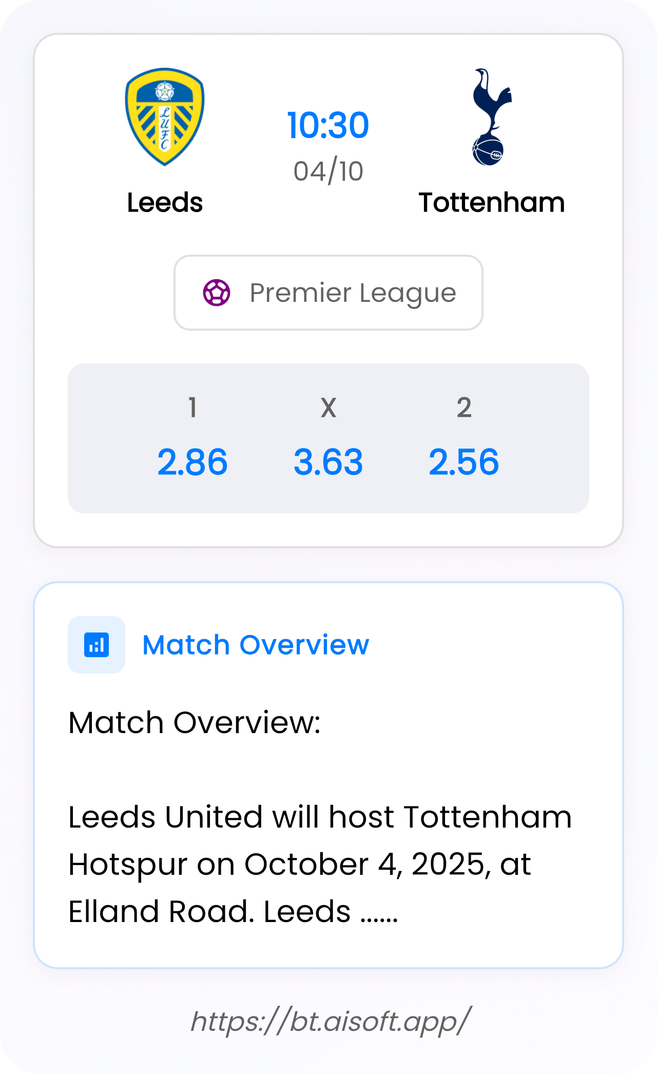 AI Match Prediction: Leeds vs Tottenham • Premier League • 10:30 / 04 October
