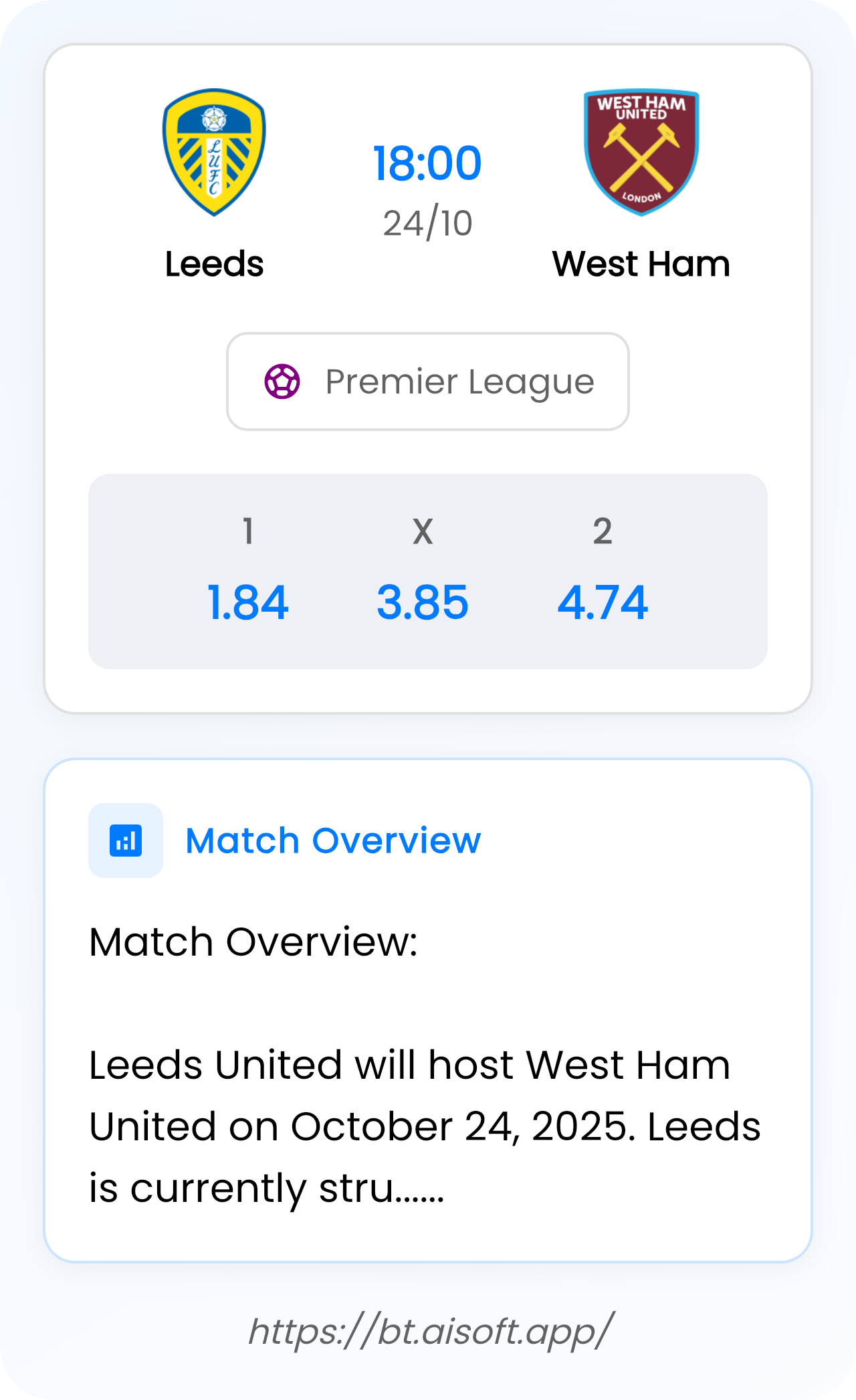 AI Match Prediction: Leeds vs West Ham • Premier League • 18:00 / 24 October