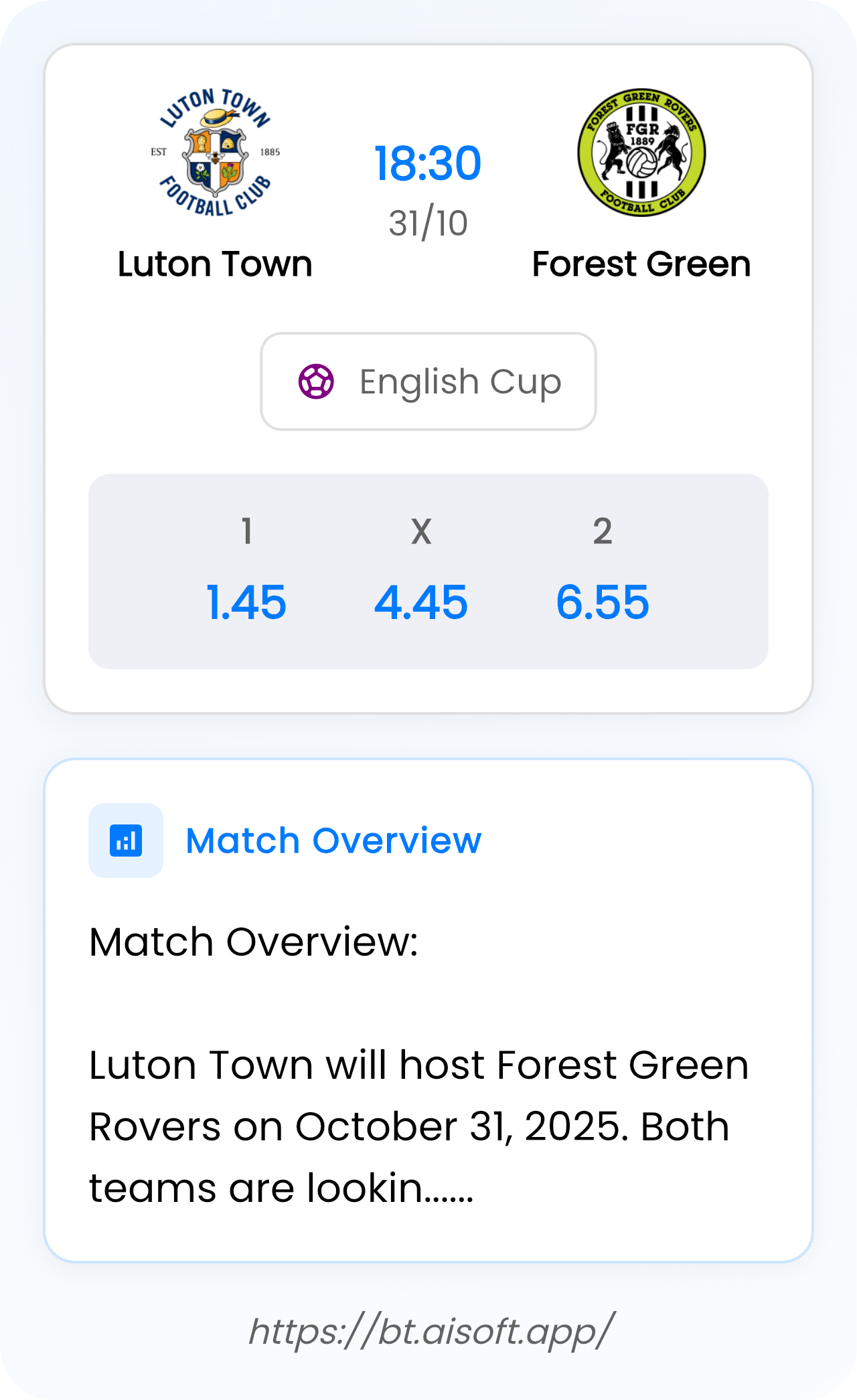 AI Match Prediction: Luton Town vs Forest Green • English Cup • 18:30 / 31 October