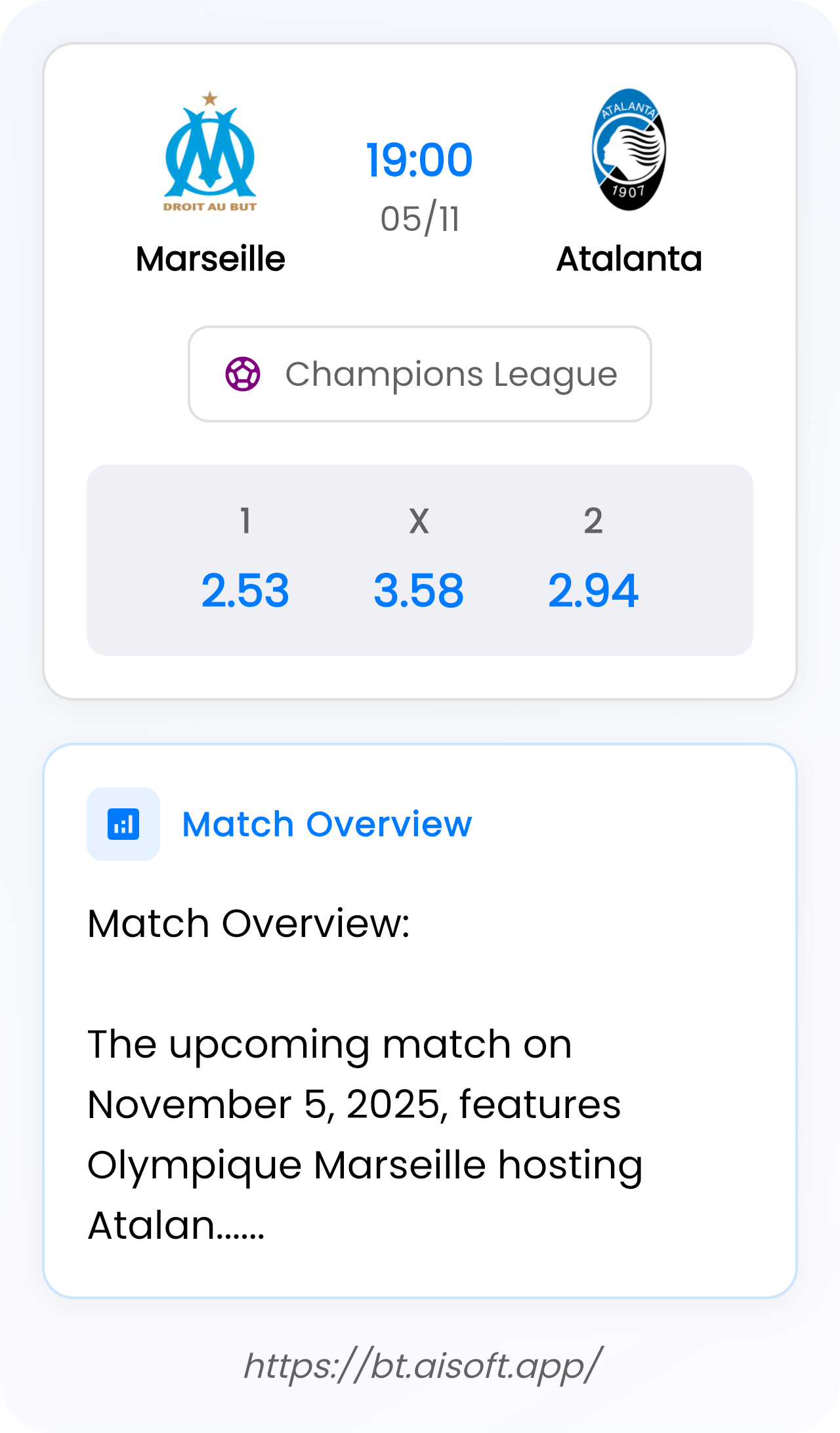 AI Match Prediction: Marseille vs Atalanta • Champions League • 19:00 / 05 November