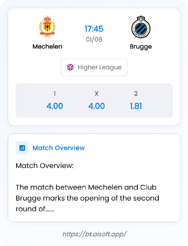 AI Match Prediction: Mechelen vs Brugge • Higher League • 17:45 / 01 August