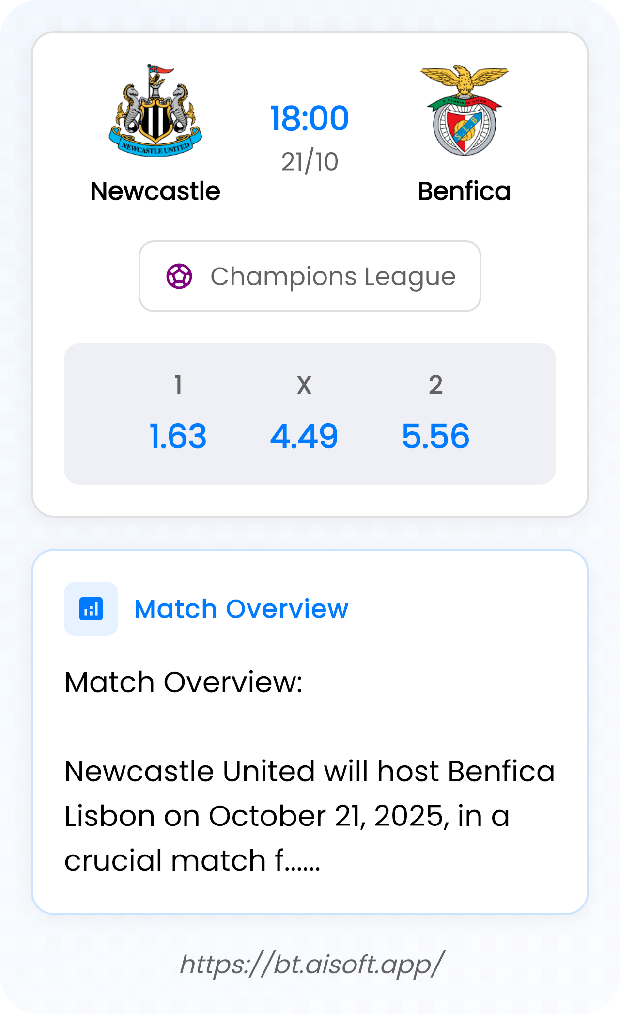 AI Match Prediction: Newcastle vs Benfica • Champions League • 18:00 / 21 October