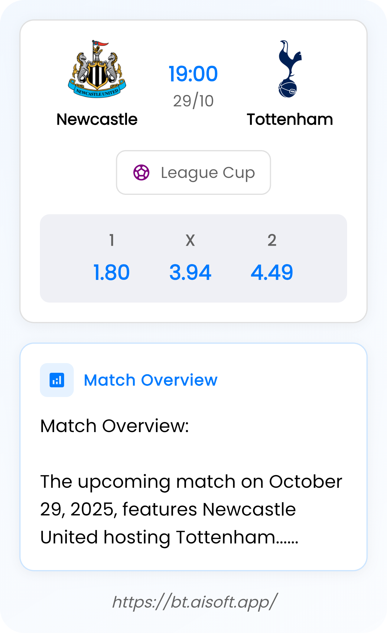 AI Match Prediction: Newcastle vs Tottenham • League Cup • 19:00 / 29 October
