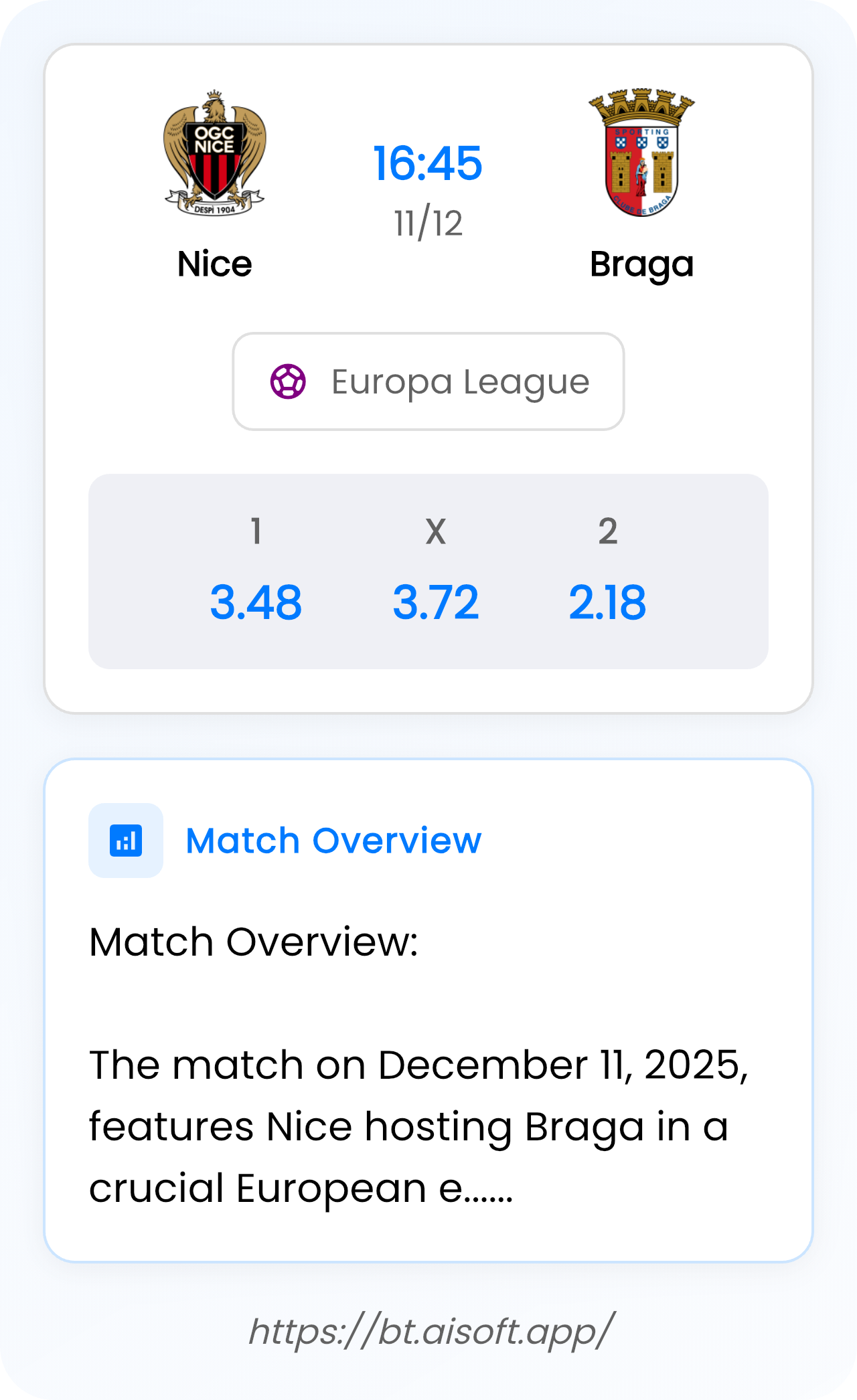 AI Match Prediction: Nice vs Braga • Europa League • 16:45 / 11 December