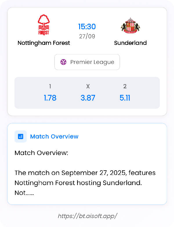 AI Match Prediction: Nottingham Forest vs Sunderland • Premier League • 15:30 / 27 September